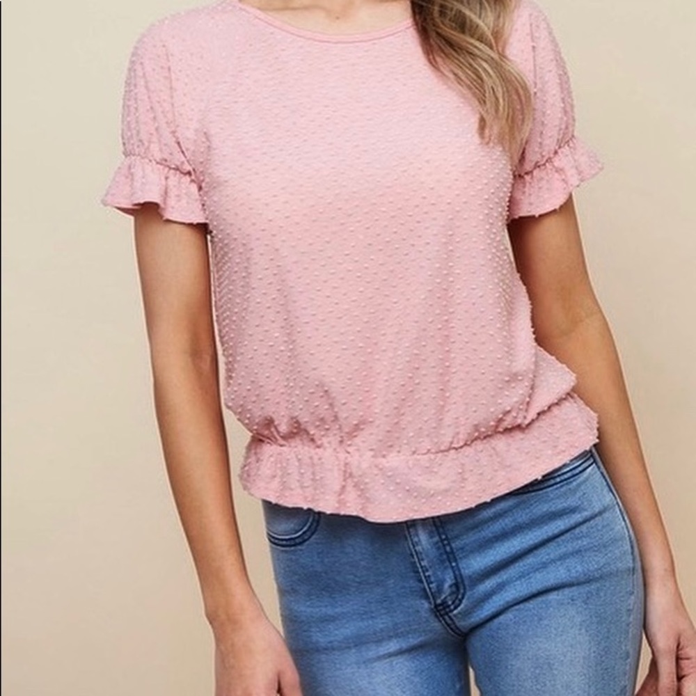 NWT Boutique Swiss Dot Ruffle Top Pink Blouse Size Small